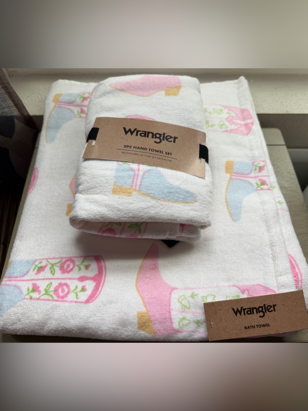 Wrangler White Hand Towel Set with Pink and Light Blue Shoe Print